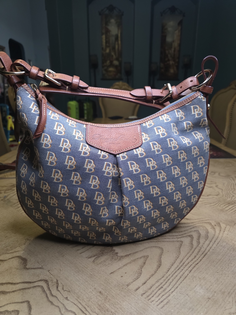 Dooney & Bourke Blue Monogram VINTAGE Denim Shoulder Bag with Brown Trim